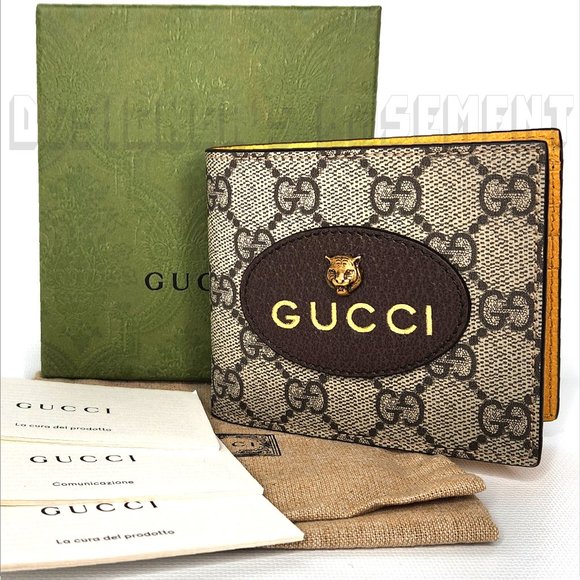 GUCCI Cat FELINE HEAD brown GG Supreme Canvas w/yellow leather bifold Wallet NIB - Picture 1 of 4